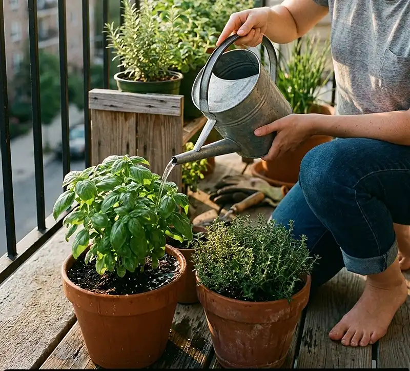 Watering full-sun balcony herbs in the early morning before peak heat