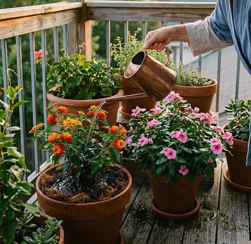 Best Heat Tolerant Flowers for Balcony Pots 5 Watering heat-tolerant balcony flowers in the early morning during summer