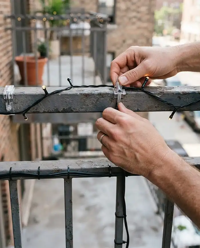cozy balcony ideas with plants 5 installing string lights on a balcony railing before adding planters