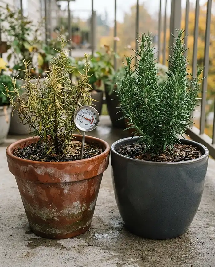Why Herbs Stop Growing in Fall 2 A cold thin terracotta herb pot beside a warmer glazed ceramic pot, showing how container soil temperature drops in fall.