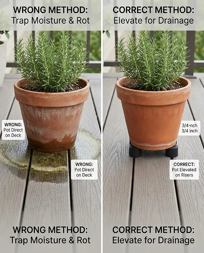 Best Pot Feet for Drainage 2 A flush pot leaving a trapped moisture ring beside a pot on risers with a dry deck, showing how feet prevent staining