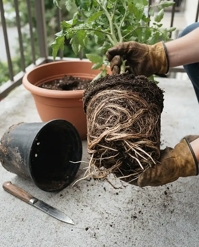 Pot Depth for Vegetables 5 A root-bound plant with circling roots pulled from a small pot beside a knife and larger container for repotting