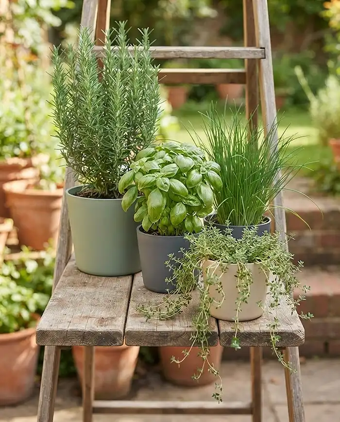 Balcony Herb Shelf Ideas for Stylish Apartments 3 A shelf tier arranged with upright rosemary, bushy basil, and trailing thyme spilling over the edge.