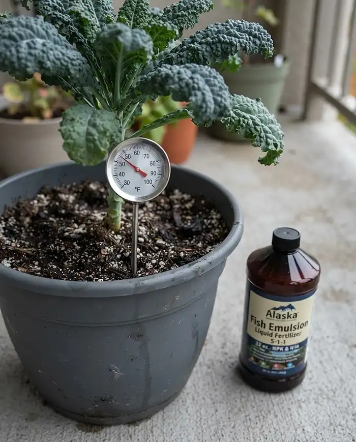 Fall Fertilizer for Container Vegetables: What to Use 2 A soil probe thermometer reading below 50°F in a potted kale, the cue to switch to liquid feeding in fall