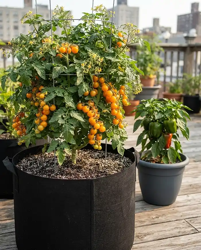 Pot Size for Tomatoes Peppers and Cucumbers 3 A tall indeterminate tomato in a 20-gallon deep fabric bag, showing the right pot size for tomatoes peppers and cucumbers