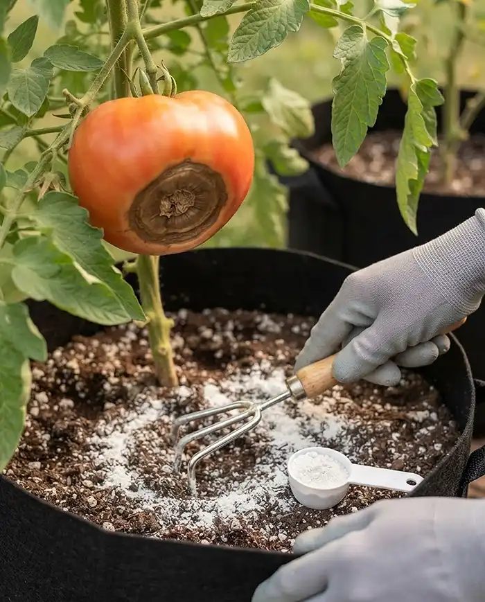 Pot Size for Tomatoes Peppers and Cucumbers 5 A tomato with a sunken blossom-end-rot patch beside gypsum being scratched into the pot to fix uneven-moisture calcium loss