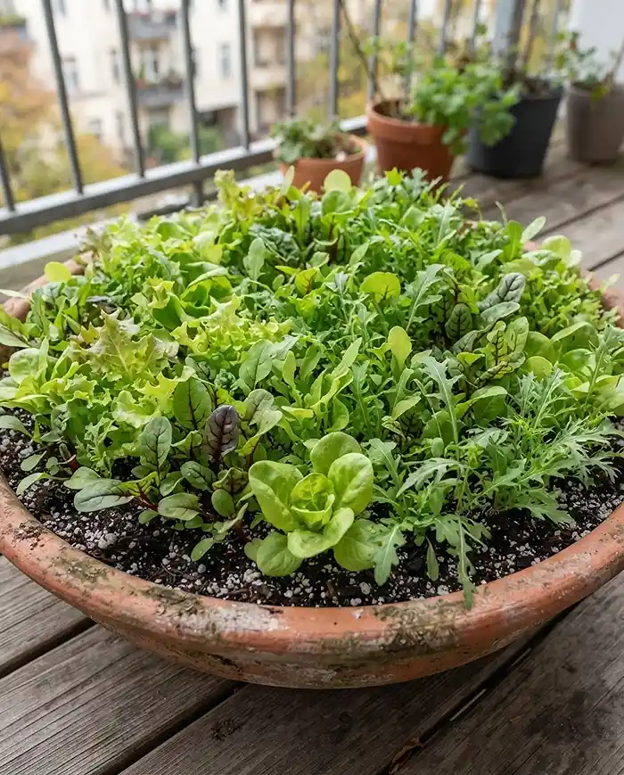 Fall Salad Container Garden: Best Crops for October 3 A wide shallow bowl densely planted with mixed greens, the ideal container for a fall salad container garden.