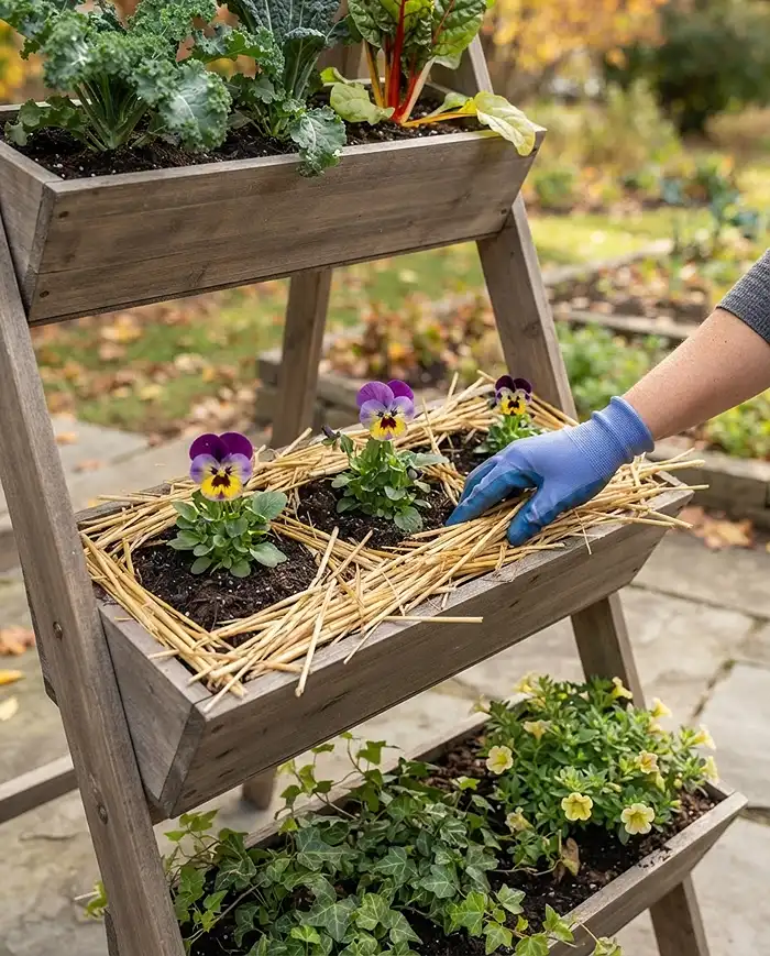 Fall Vertical Ladder Garden Ideas for Small Balconies 4 Adding a one-inch straw mulch layer over a planted ladder tier to insulate roots in a fall vertical garden
