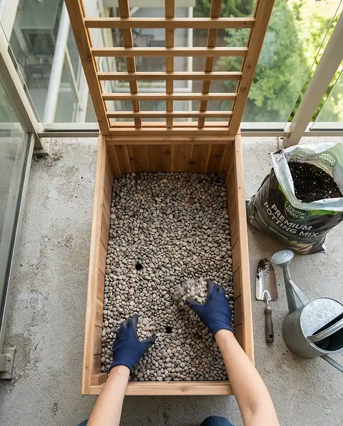 Adding gravel ballast to the base of a trellis planter box before soil to lower its center of gravity and anchor the screen