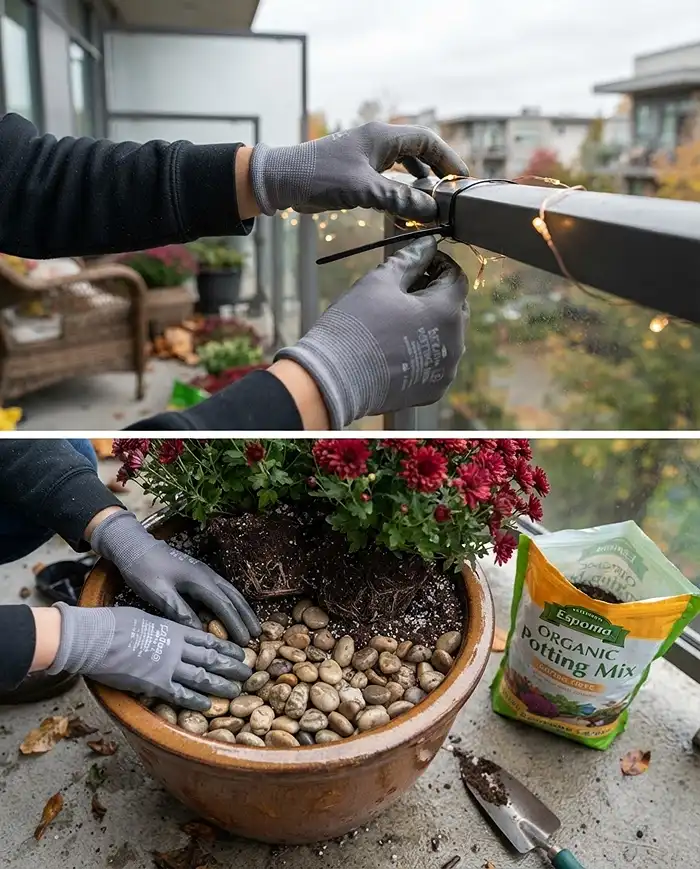 Adding river-rock ballast to a planter and zip-tying string lights to the railing to wind-proof fall balcony decor