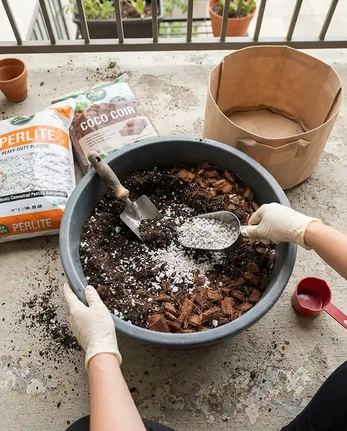 Pots vs Grow Bags vs Window Boxes 4 Amending potting mix with perlite and coco coir before filling a grow bag to cut weight and slow drying