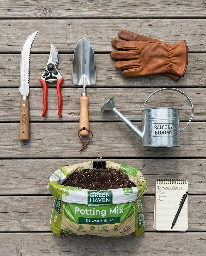 Hidden Balcony Garden Storage That Blends With Planters 2 Balcony gardening tools and a soil bag laid out to inventory actual storage needs before buying.