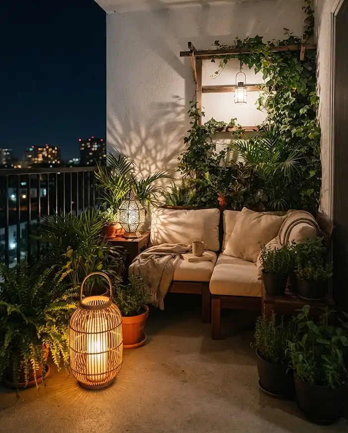 Balcony Garden Lantern Ideas for a Cozy Evening Nook 4 Balcony nook with layered light from a floor lantern, tabletop lamp, and hanging lantern at three heights