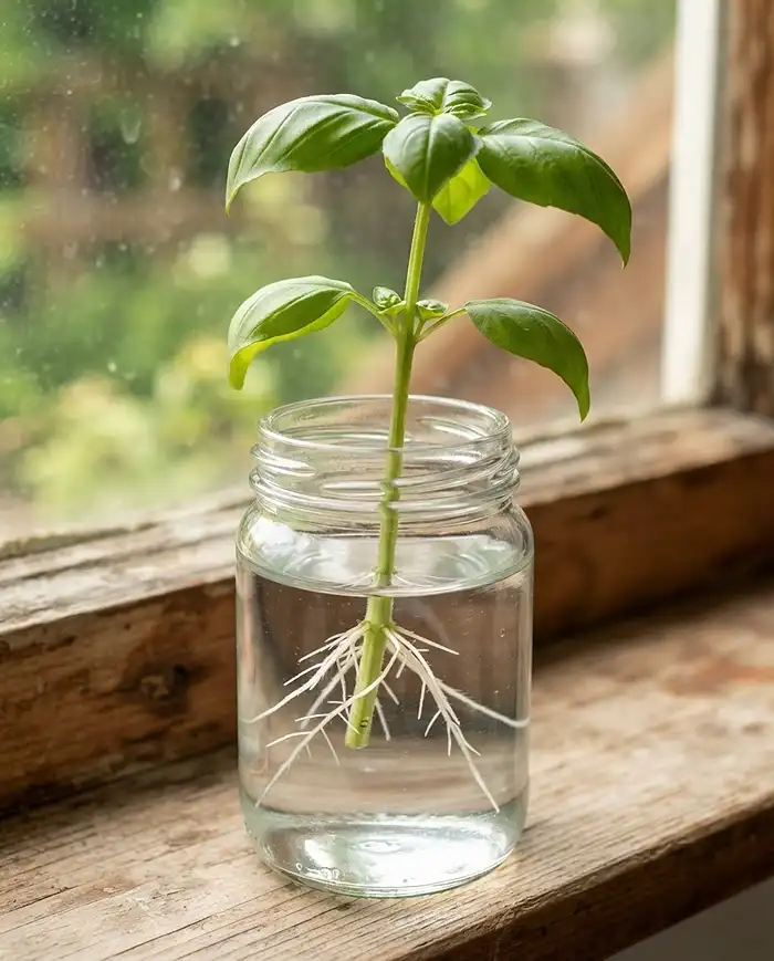 Best Windowsill Herbs to Grow at Home 4 Basil stem cutting rooting in a glass of water on a windowsill, showing new white roots below a leaf node