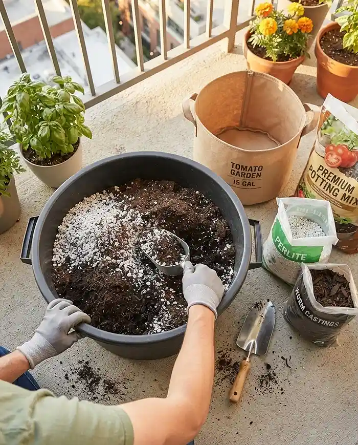 Blending potting mix with worm castings and perlite in a bucket beside an empty fabric pot for a mixed container