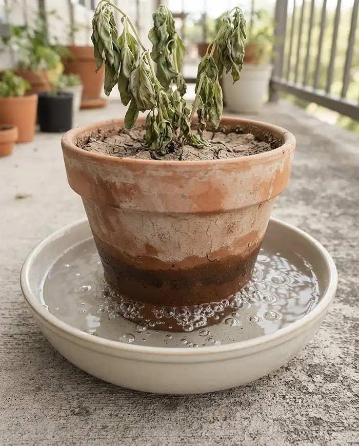 Grouping Plants by Water Needs on a Balcony 5 Bottom-soaking a dried-out terracotta pot in a basin to fix hydrophobic soil