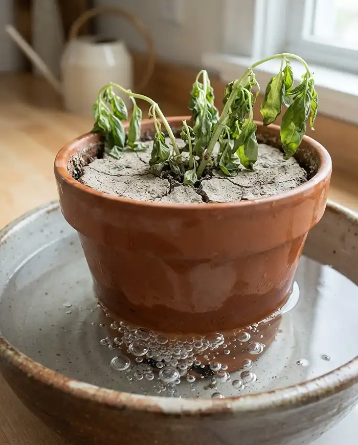 Best Balcony Herbs for Beginners 5 Bottom-soaking a pot of hydrophobic dry soil in a water basin to rehydrate a wilted, neglected balcony herb