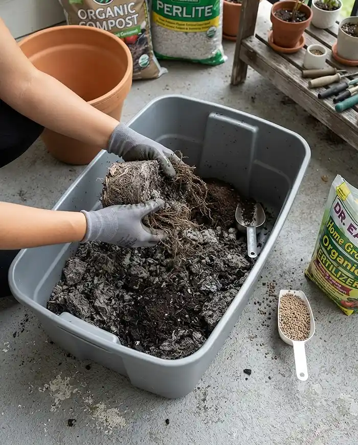 Breaking up an old root ball and blending in fresh compost to rehab depleted summer potting soil for fall planting