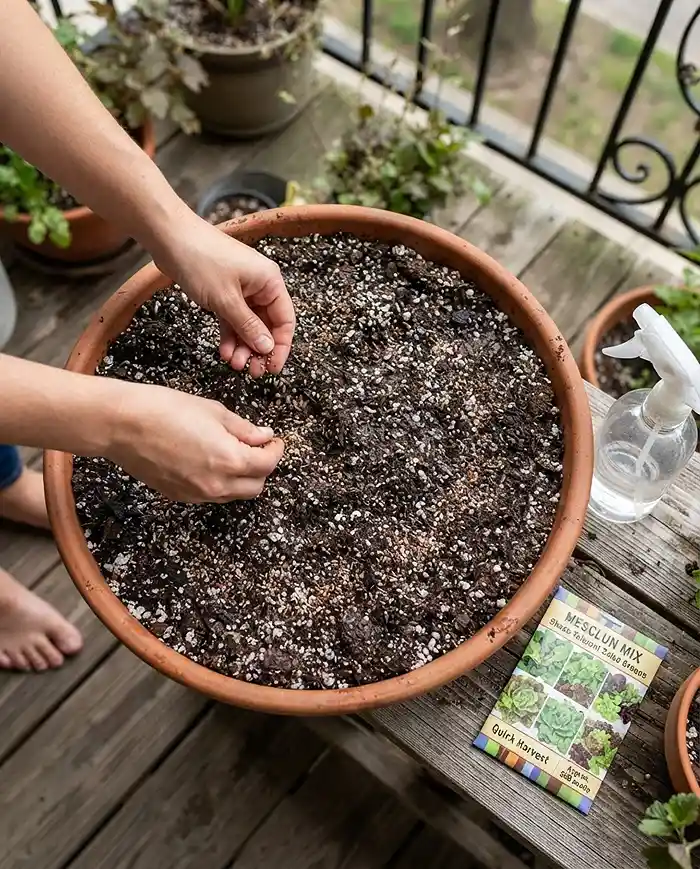 Leafy Greens for Shade Containers 4 Broadcasting mesclun seeds evenly across a wide bowl of perlite-rich mix before misting, for a shade salad container