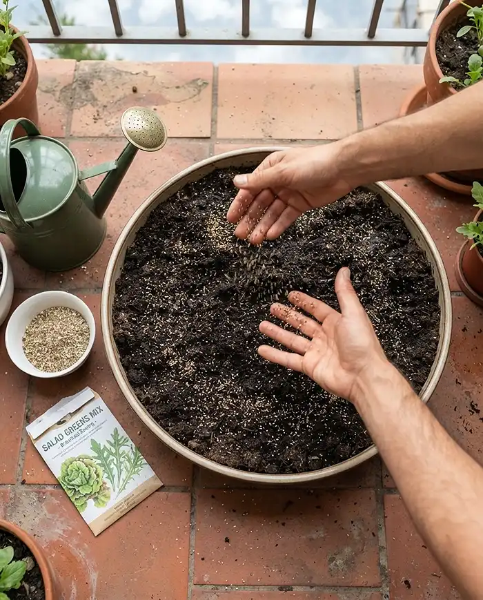 Fall Salad Container Garden: Best Crops for October 4 Broadcasting salad seed densely across a filled bowls surface before dusting with fine soil, following the planting steps