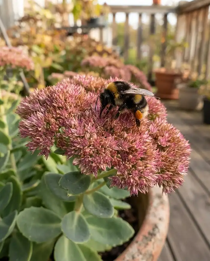 Fall Pollinator Planters: Cool-Weather Bee Containers 3 Bumblebee resting on a flat Sedum Autumn Joy cluster, a nectar-rich staple of fall pollinator planters