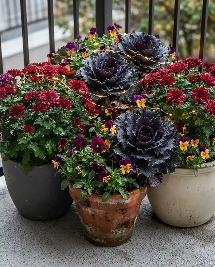 Burgundy mums, violas, and purple ornamental kale clustered in pots, cozy cold-hardy fall balcony ideas for renters