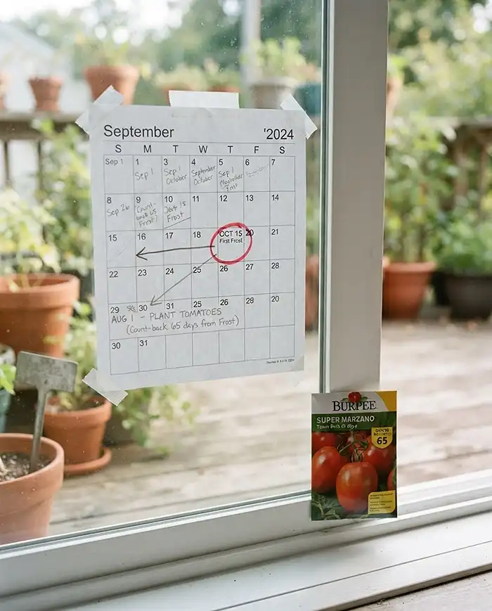 Late Season Tomatoes for Containers That Still Ripen 2 Calendar with first-frost date circled and a tomato transplant deadline counted back from days to maturity