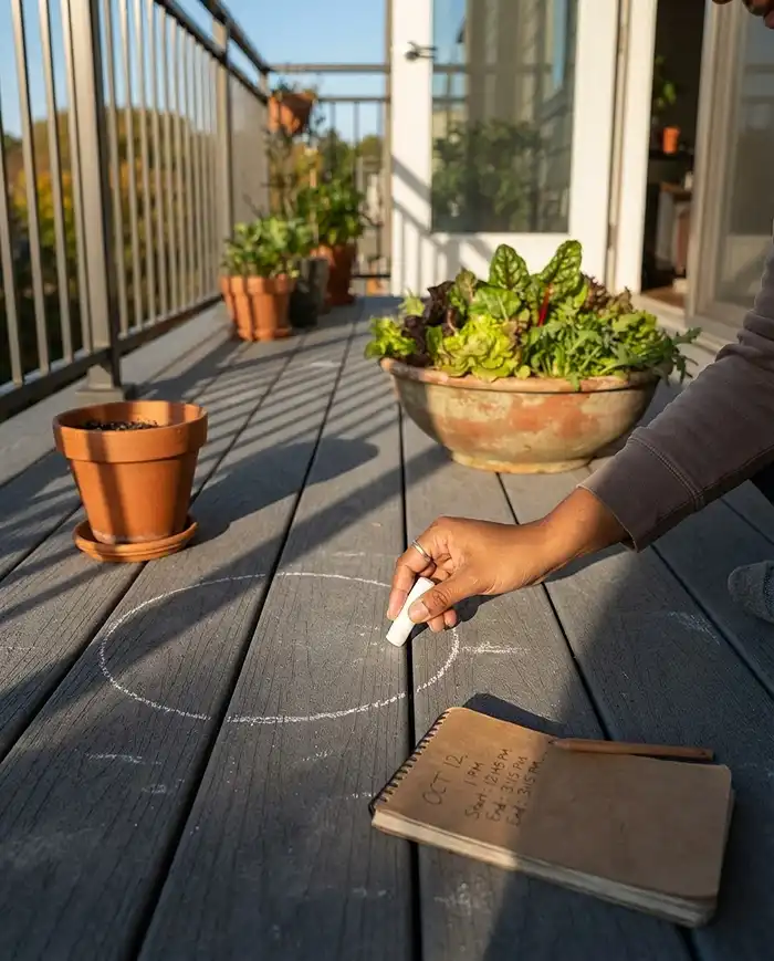 Fall Salad Container Garden: Best Crops for October 2 Chalk-marking a salad bowl sunniest spot while tracking the low October sun angle across a balcony floor