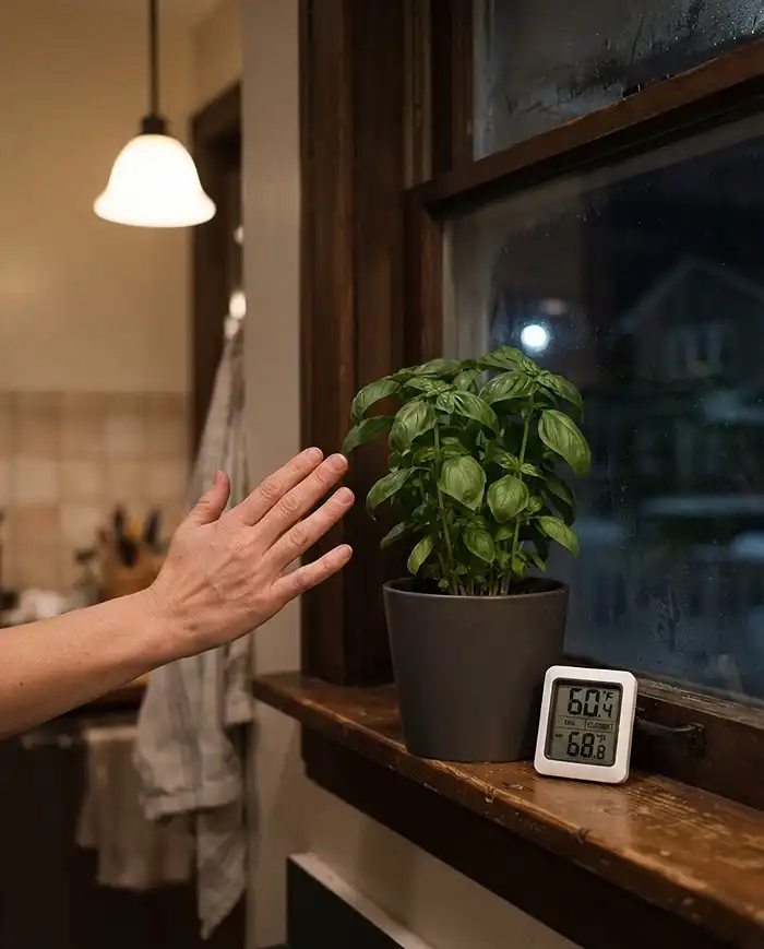 Balcony and Windowsill Herb Garden Combo Setups 2 Checking for a cold draft near window glass beside a basil pot to find a safe, draft-free windowsill spot for herbs