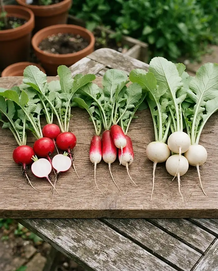 Growing Radishes and Turnips in Containers 2 Cherry Belle, French Breakfast radishes, and Hakurei turnips showing container-friendly varieties