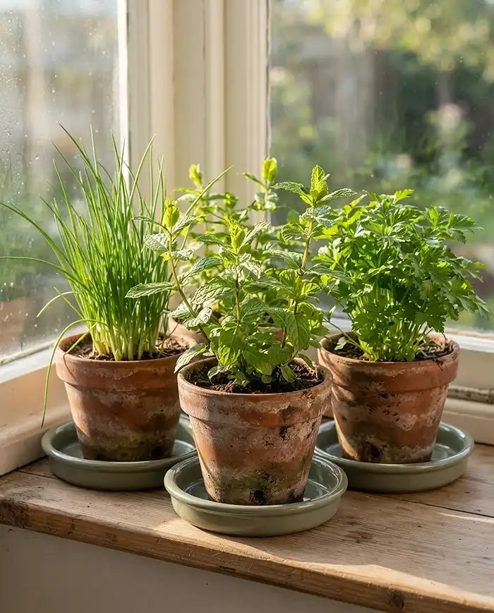 Best Windowsill Herbs to Grow at Home 3 Chives, mint, and parsley in terracotta pots on an east-facing sill, the most forgiving low-light windowsill herbs