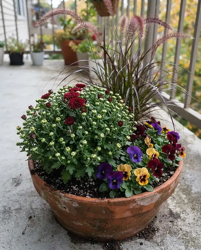 Closed-bud mums with violas and fountain grass in a pot, a long-blooming September balcony garden combination