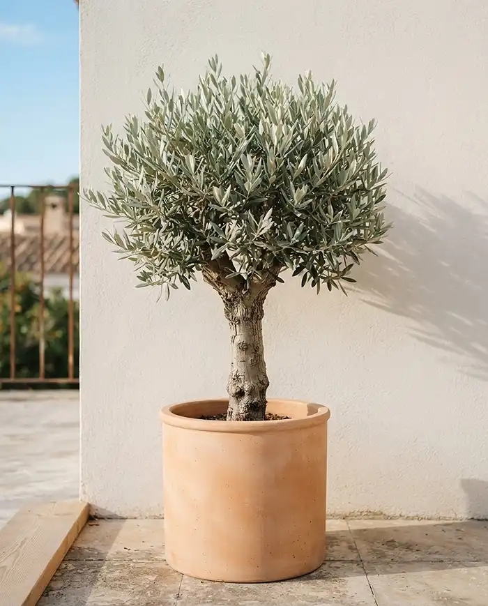 Minimalist Balcony Garden Ideas with Olive Green and Terracotta 4 Compact Arbequina olive tree in a smooth terracotta cylinder pot as a focal specimen.