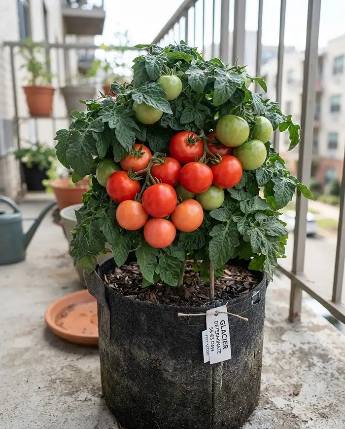 Late Season Tomatoes for Containers That Still Ripen 3 Compact Glacier bush tomato flushing ripe fruit in a pot, one of the best late season tomatoes for containers alongside peppers for balcony containers