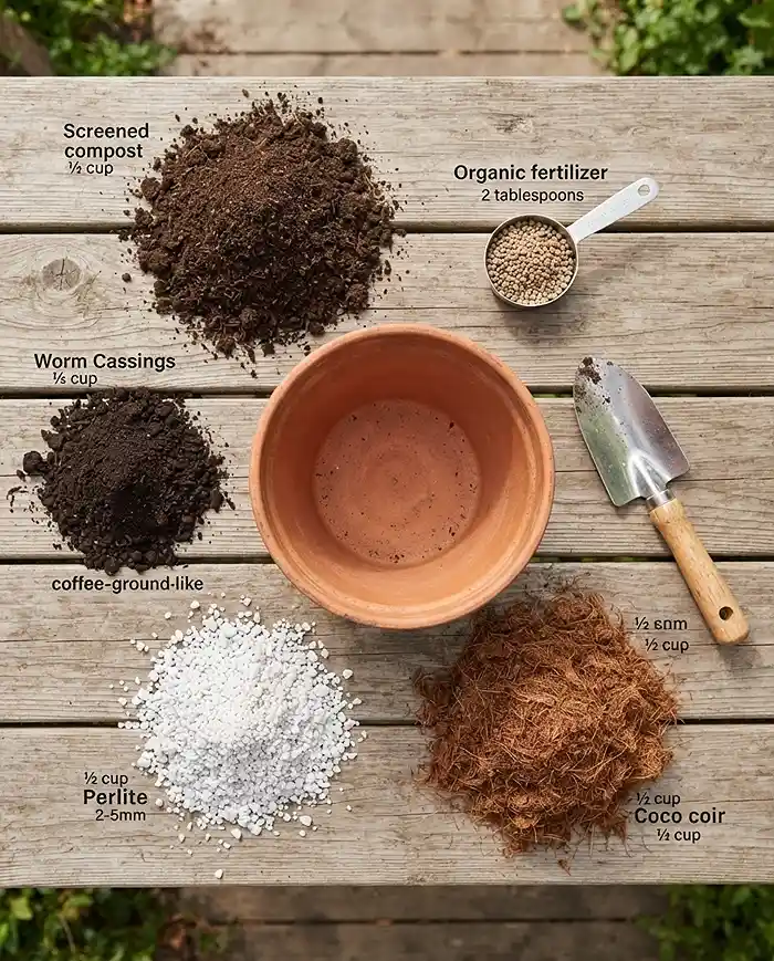 Compost, worm castings, perlite, coco coir, and fertilizer laid out to refresh potting soil between crops.