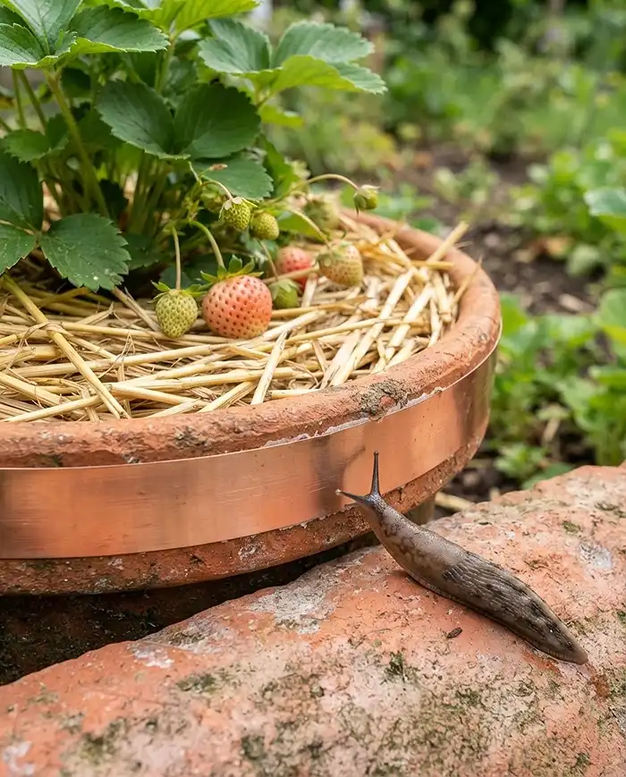Strawberry Companion Plants in Pots 5 Copper tape around a pot rim and dry straw under the berries to deter slugs in a mixed strawberry container