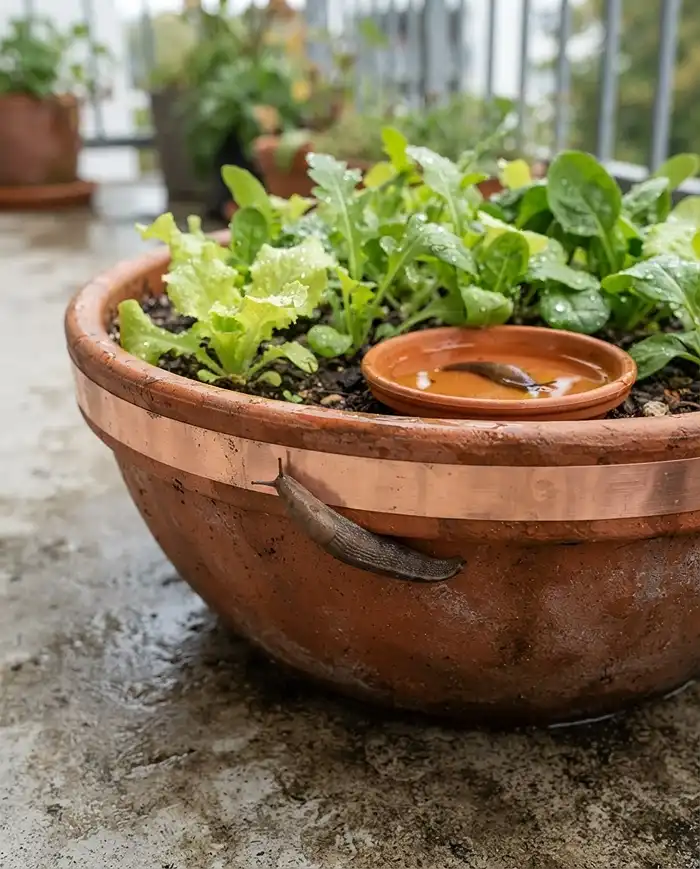 Fall Salad Container Garden: Best Crops for October 5 Copper tape on a salad bowl rim and a sunken beer trap deterring slugs in damp fall balcony conditions.
