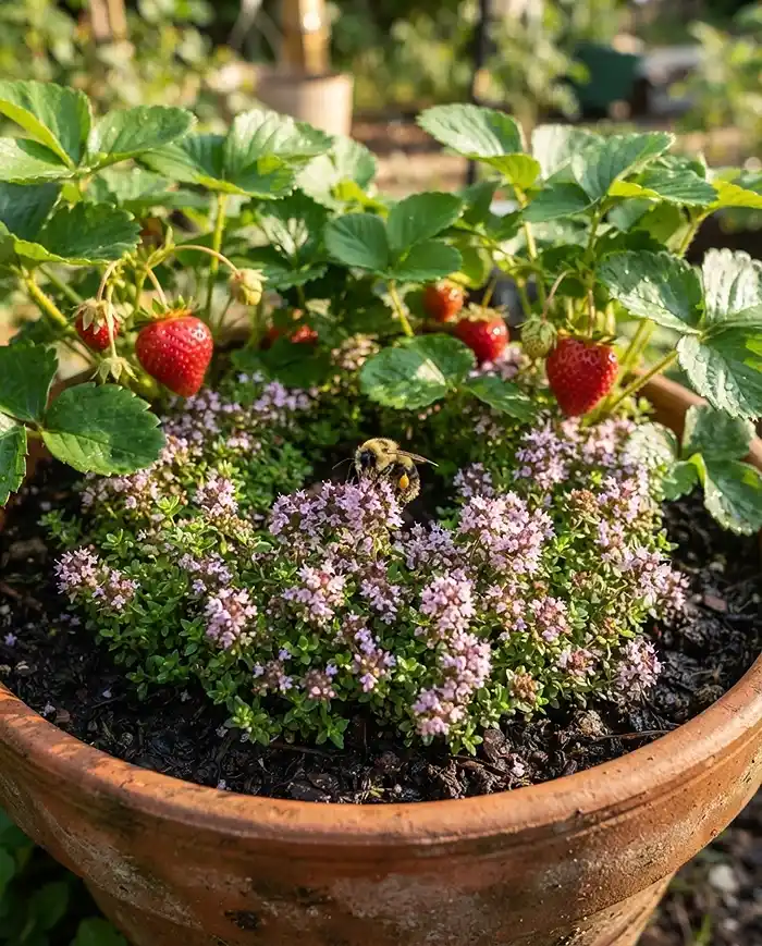 Strawberry Companion Plants in Pots 3 Creeping thyme ringing strawberry crowns as a living mulch, a pairing that also suits peppers for balcony containers