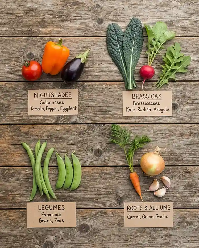 Crops sorted into nightshade, brassica, legume, and root crop groups showing the four container plant families