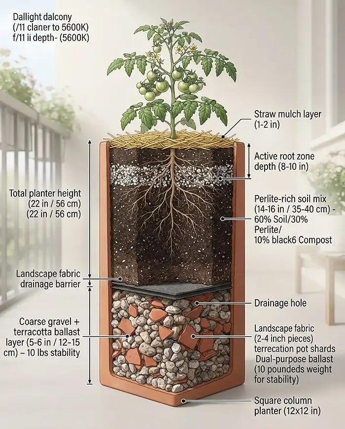 Narrow Balcony Planters That Save Space 5 Cross-section of a column planter with gravel ballast in the base and perlite-rich mix above to stop it tipping