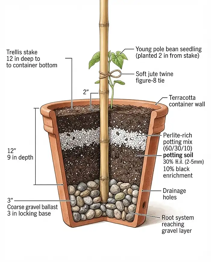 Decorative Plant Supports for Balcony Gardens 4 Cross-section of a pot showing a trellis stake anchored to the base with gravel and firm perlite-rich mix