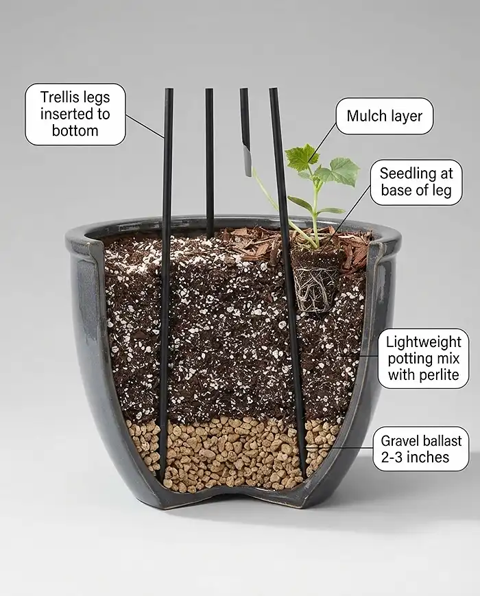 Cross-section of a pot showing trellis legs anchored to the base with gravel ballast and packed potting mix