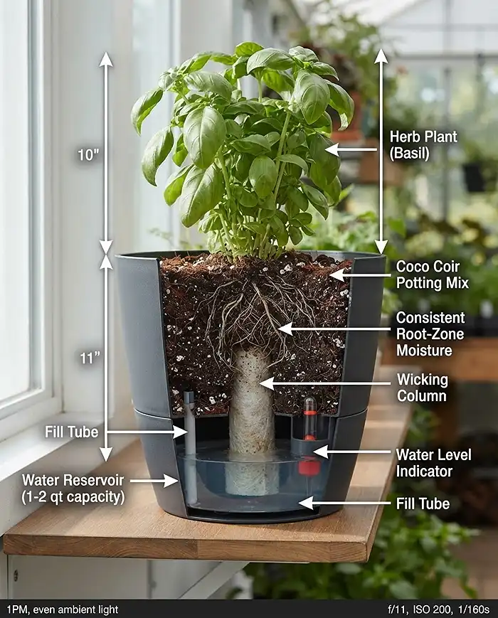 Best Balcony Herbs for Beginners 4 Cross-section of a self-watering pot showing the base reservoir wicking moisture up into the soil for hands-off herbs