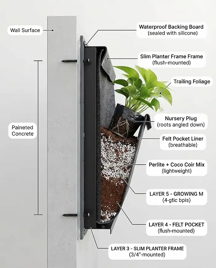 Slim Vertical Garden Balcony Ideas for Small Spaces 4 Cross-section of a slim wall planter showing waterproof backing board, frame, coco coir mix, and a plant plug.
