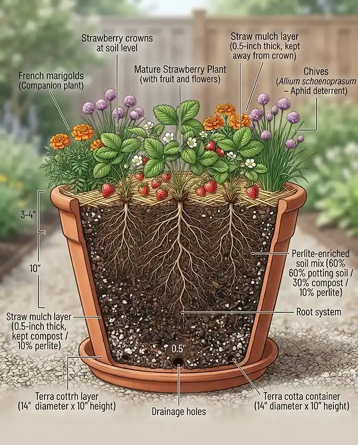 Strawberry Companion Plants in Pots 4 Cross-section of a strawberry pot with crowns centered and companions placed at the perimeter over straw mulch