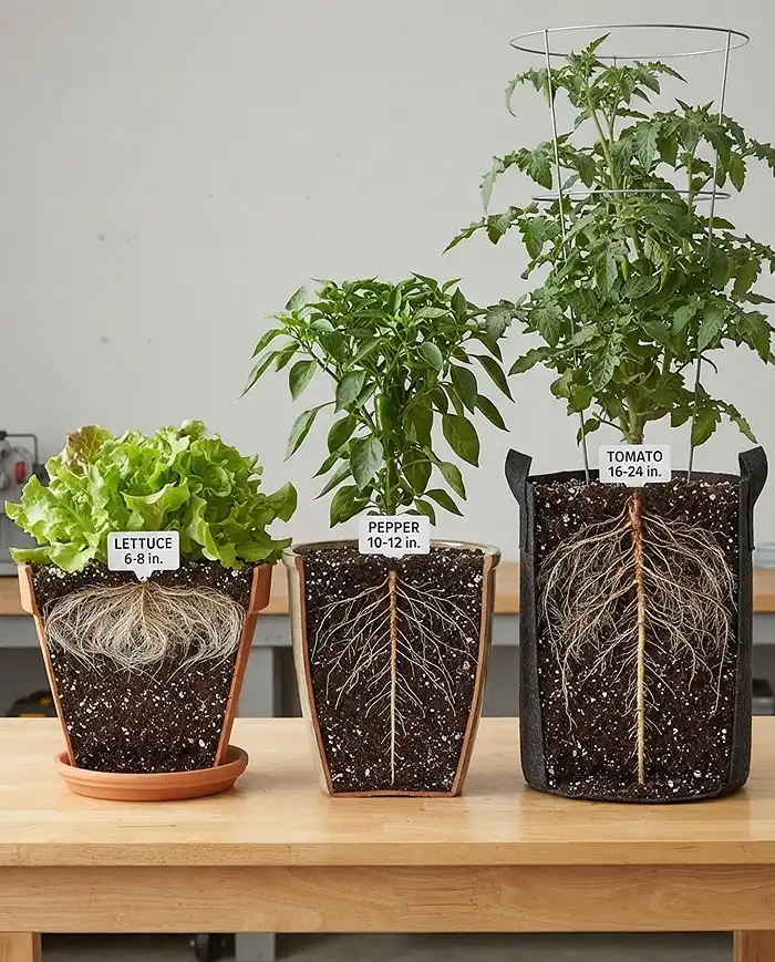 Pot Depth for Vegetables 2 Cross-section of shallow, medium, and deep vegetable root systems matched to three container depths