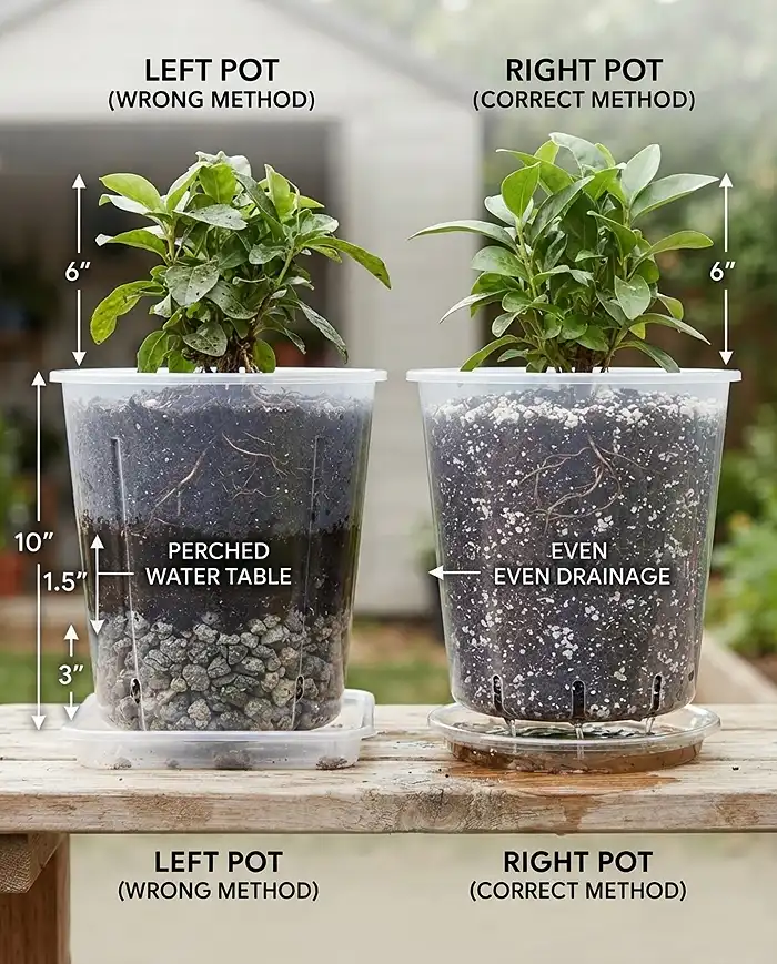 Cross-section showing gravel at the bottom raising the perched water table versus even-draining container drainage solutions
