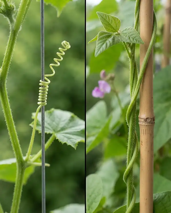 Cucumber tendril coiling on thin wire beside a bean stem twining around a thick pole, showing two climbing habits