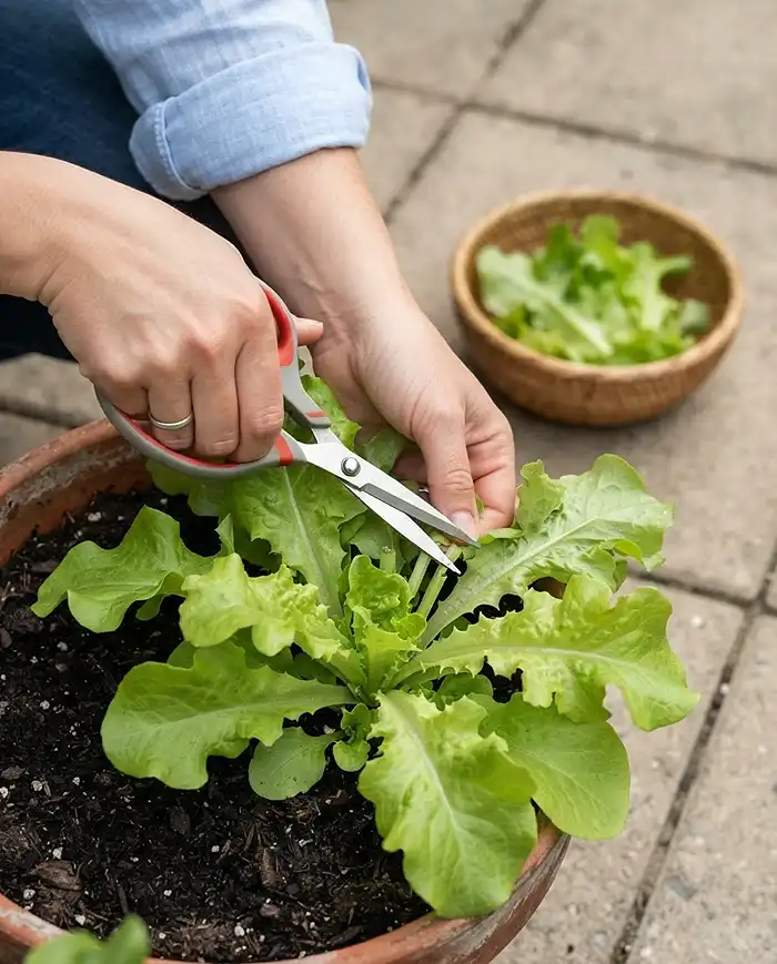 Fall Salad Greens to Plant After Summer Heat 4 Cut-and-come-again harvesting of outer lettuce leaves with scissors above the crown.