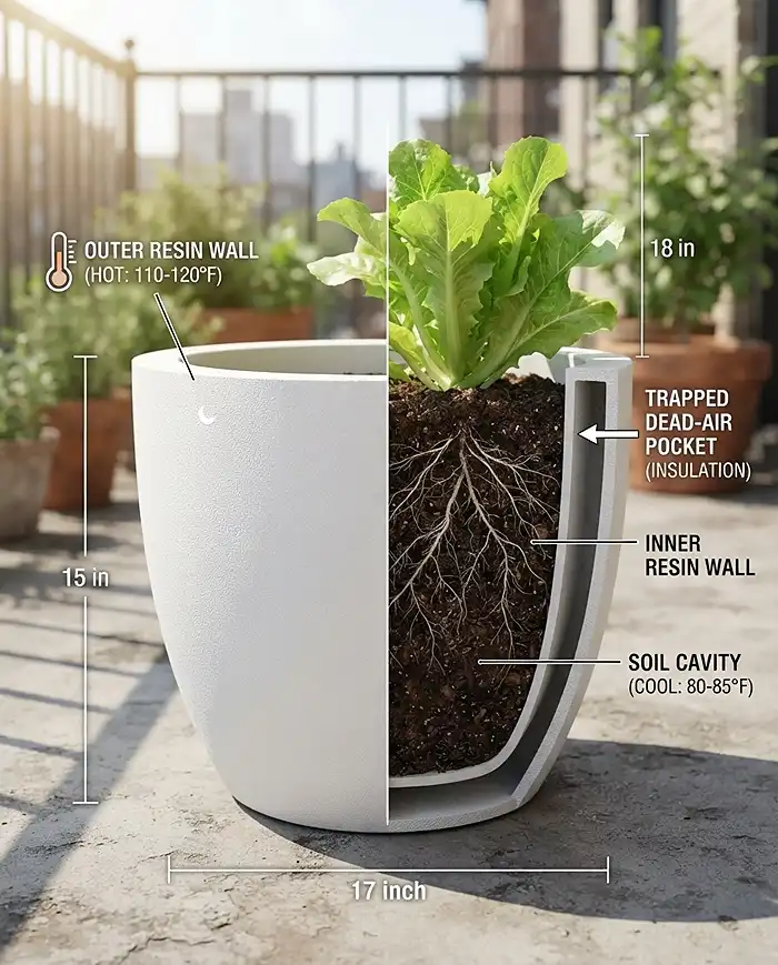 Lightweight Planters for Hot Climates That Stay Cooler 3 Cutaway of a double-walled resin planter. lightweight planters for hot climates